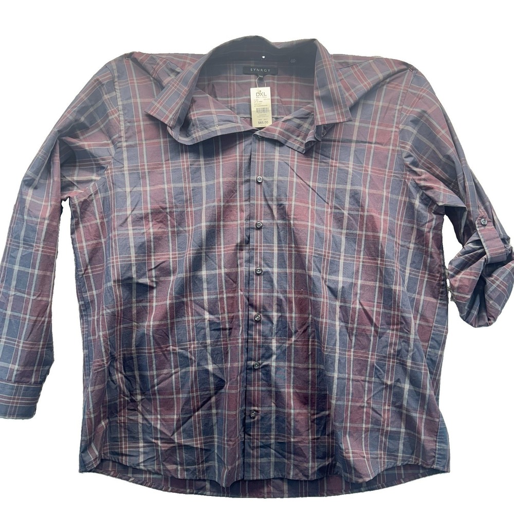 NWT Synrgy Mens 2XLT Plaid Button Front Shirt Navy Burgundy Big & Tall XXLT